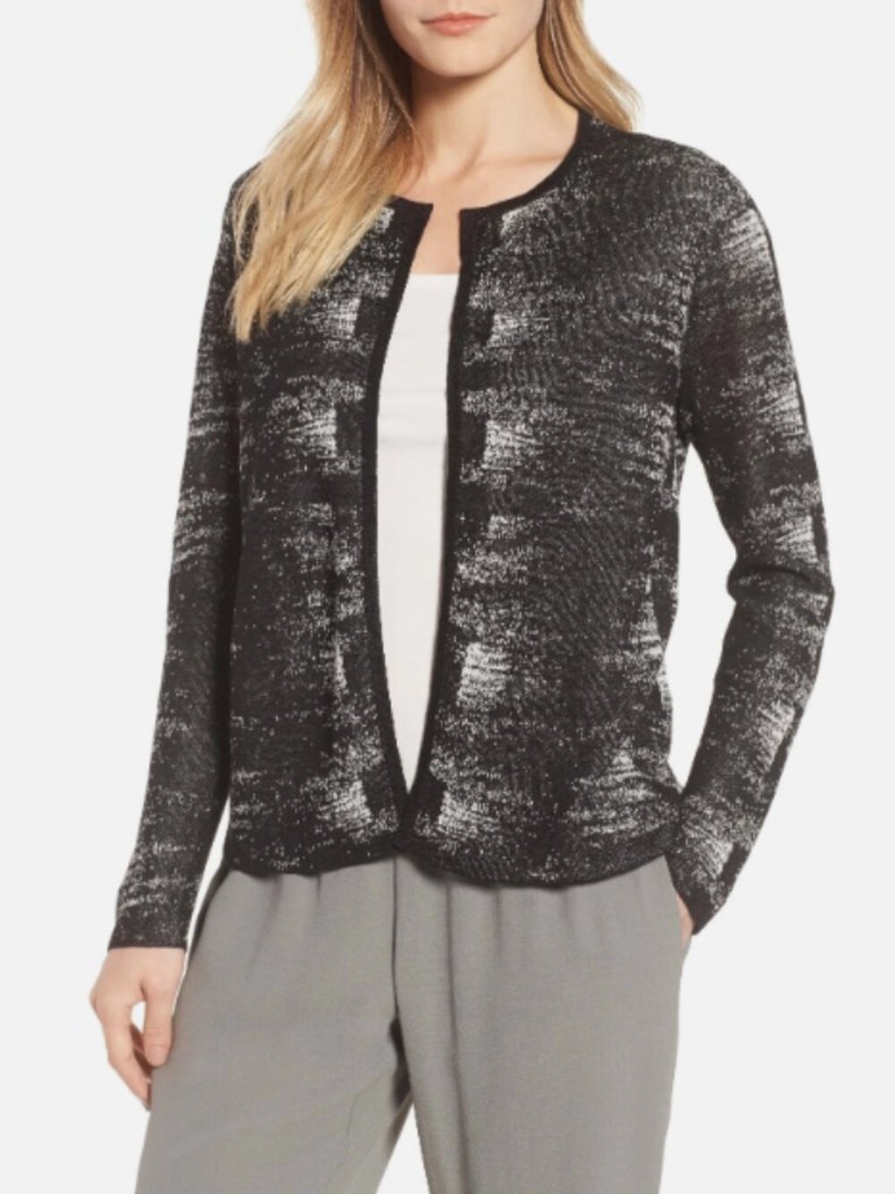 Eileen Fisher Organic Linen Abstract Knit Cardigan Black White M